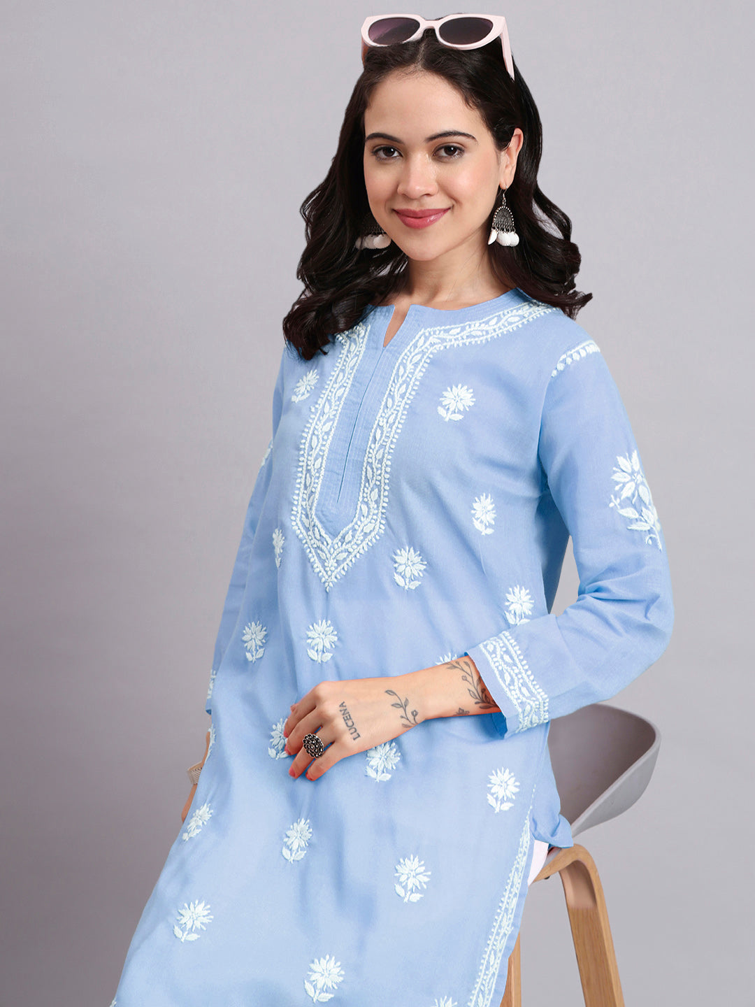 Women Hand Embroidered Chikankari Cotton Kurta-AL3999 Denim