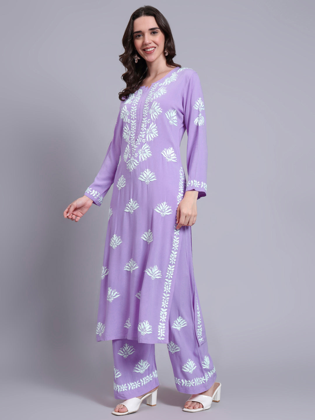 Women Hand Embroidered Chikankari Rayon Kurta Set-AL4084KS Mauve