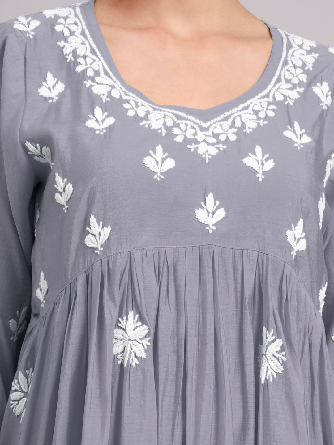 Hand Embroidered Chikankari Chanderi Jalabiya-AL4087 Grey