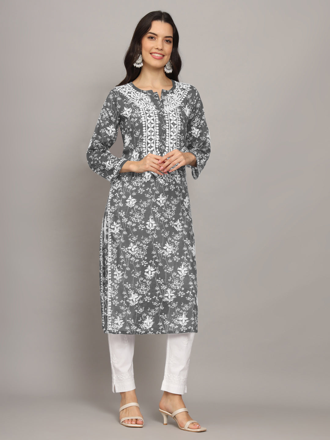 Women Hand Embroidered Chikankari Mulmul Cotton Printed Kurta-AL4041 Grey