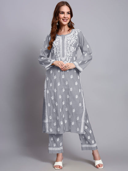 Women Hand Embroidered Chikankari Chanderi Kurta Set-AL4089KS Grey