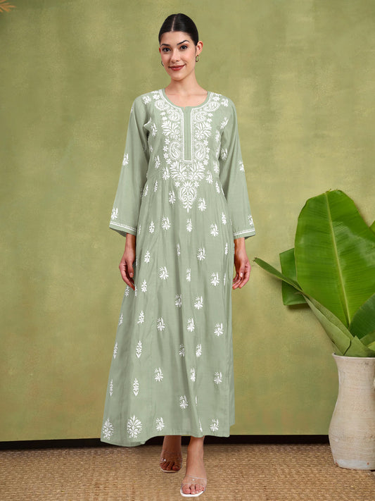 Hand Embroidered Chikankari Chanderi Jalabiya-AL4088 Green