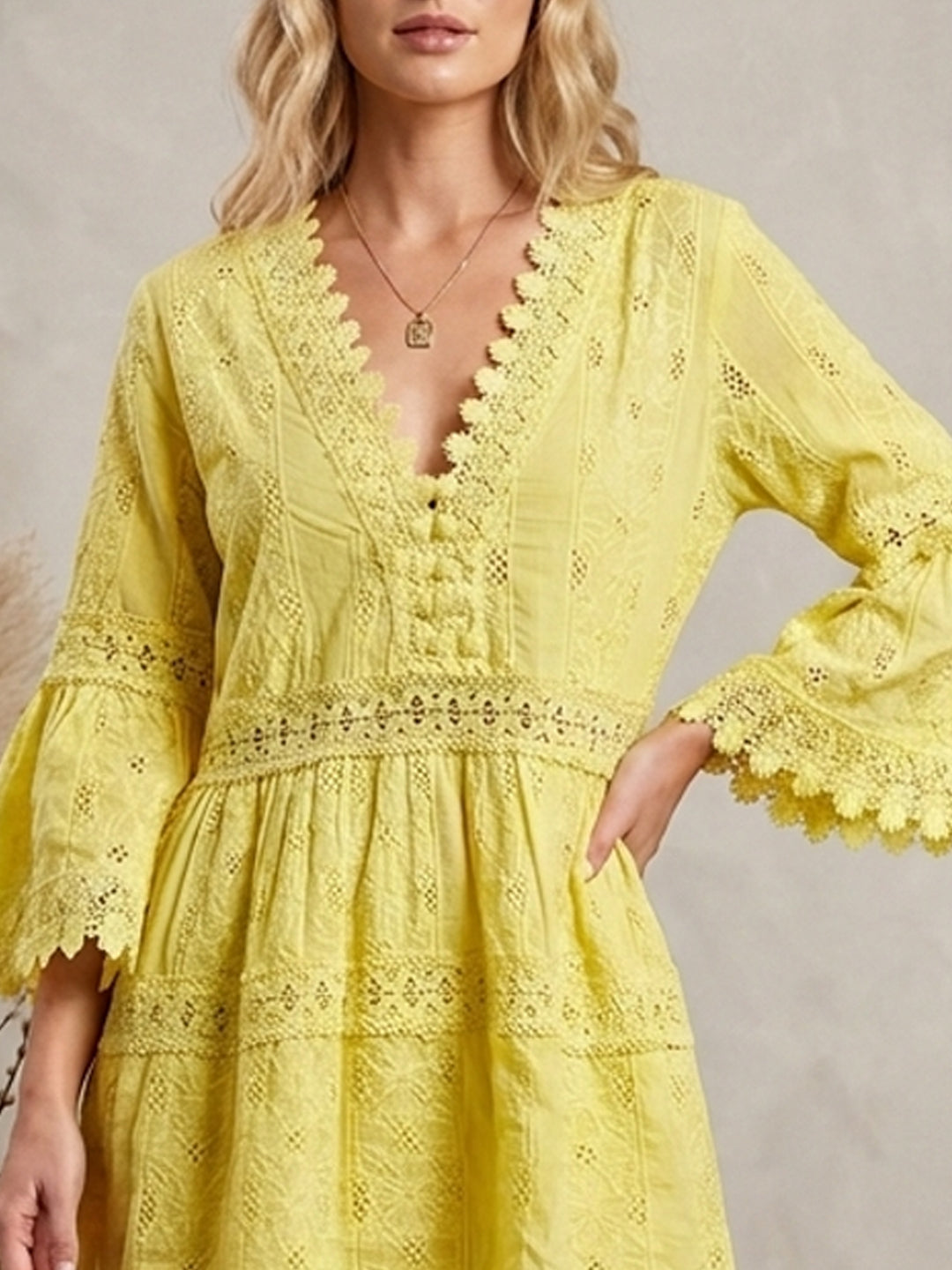 Women Embroidered  Scalloped Lace Trim Cotton Midi Dress -AL3703 Yellow