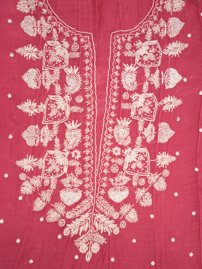 Women Hand Embroidered Premium Chikankari Mul Chanderi Unstitched Kurta Dupatta Bottom Set-ALSCA85201FS Magenta