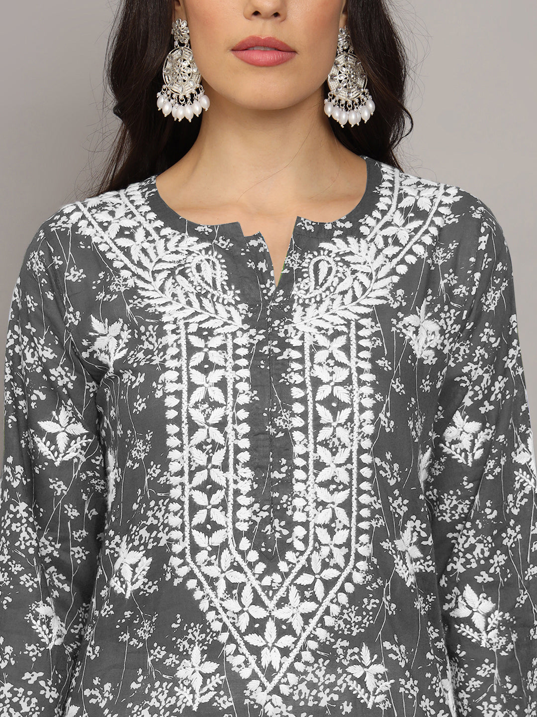 Women Hand Embroidered Chikankari Mulmul Cotton Printed Kurta-AL4041 Grey