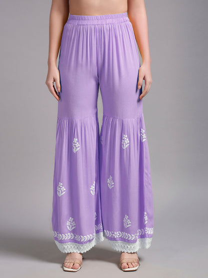 Women Hand Embroidered Lucknowi Chikankari Rayon Kurta Set-AL4077KS Lavender