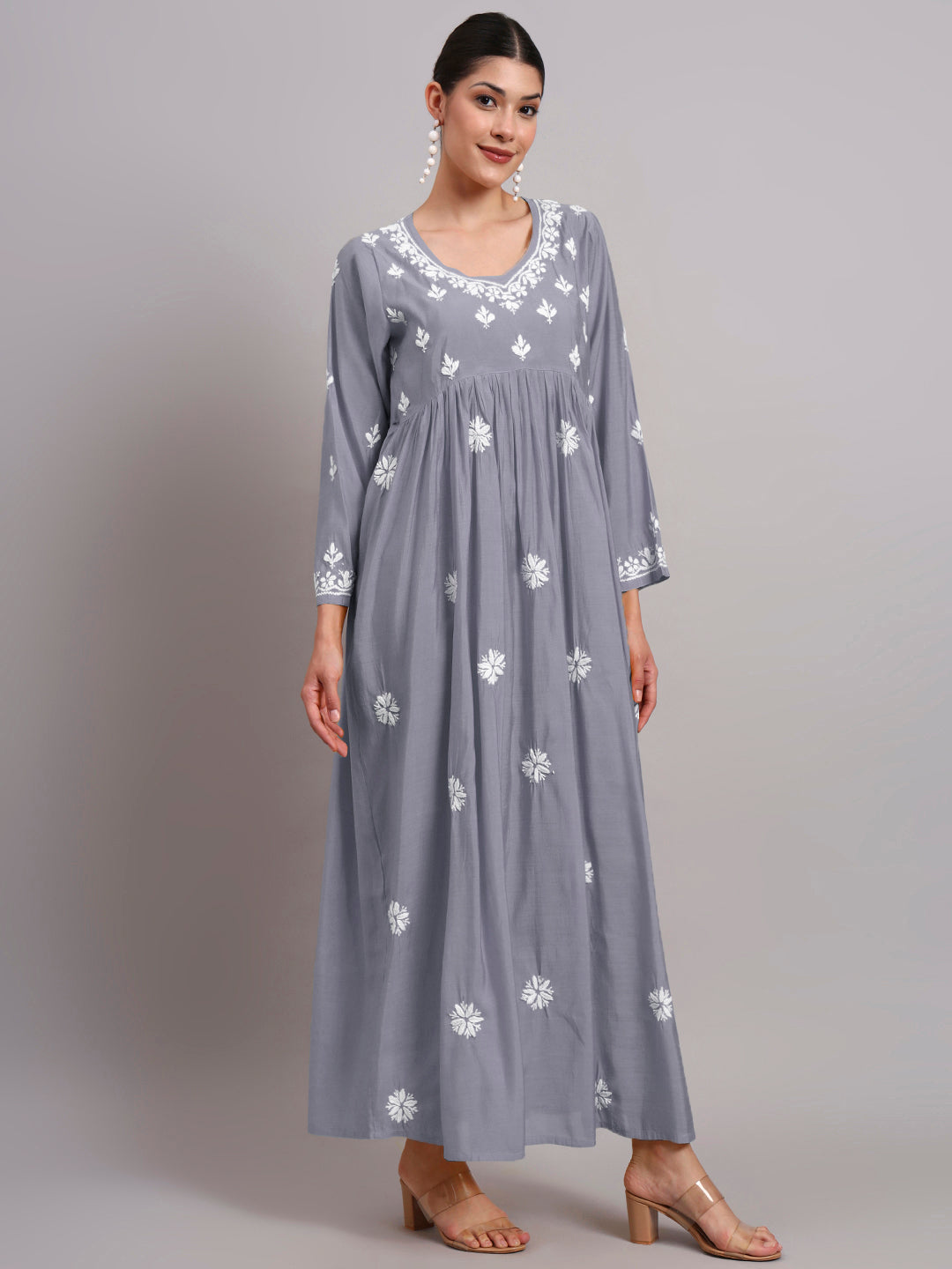 Hand Embroidered Chikankari Chanderi Jalabiya-AL4087 Grey