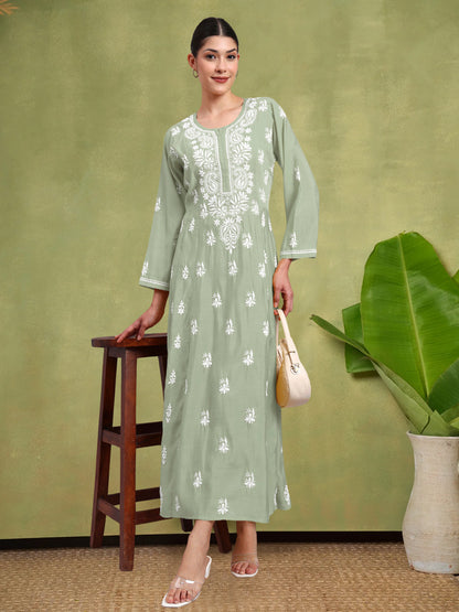 Hand Embroidered Chikankari Chanderi Jalabiya-AL4088 Green