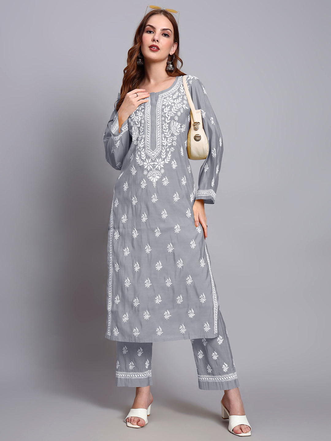 Women Hand Embroidered Chikankari Chanderi Kurta Set-AL4089KS Grey
