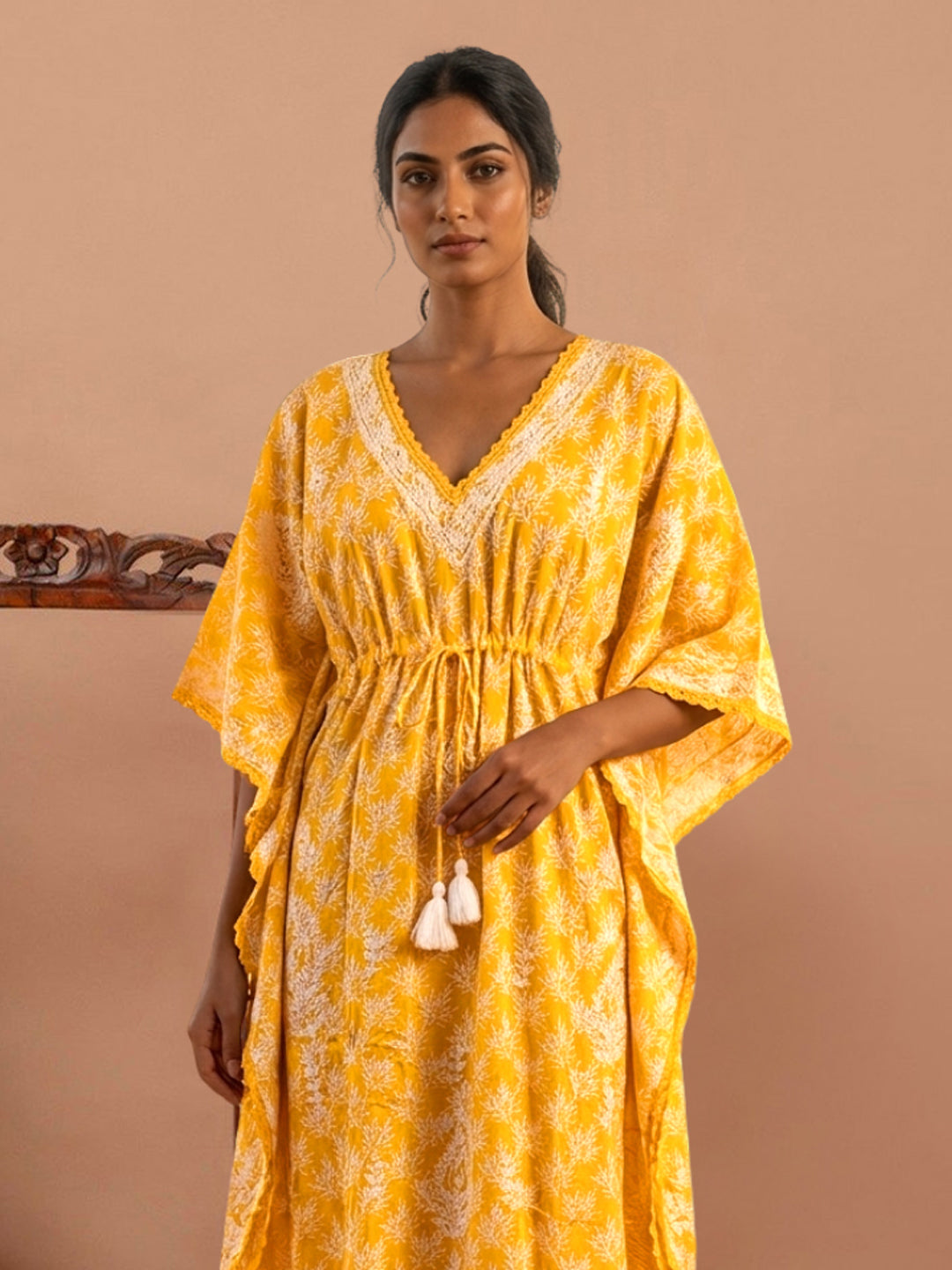 Hand Embroidered Chikankari Cotton Kaftan-AL3833 New Yellow