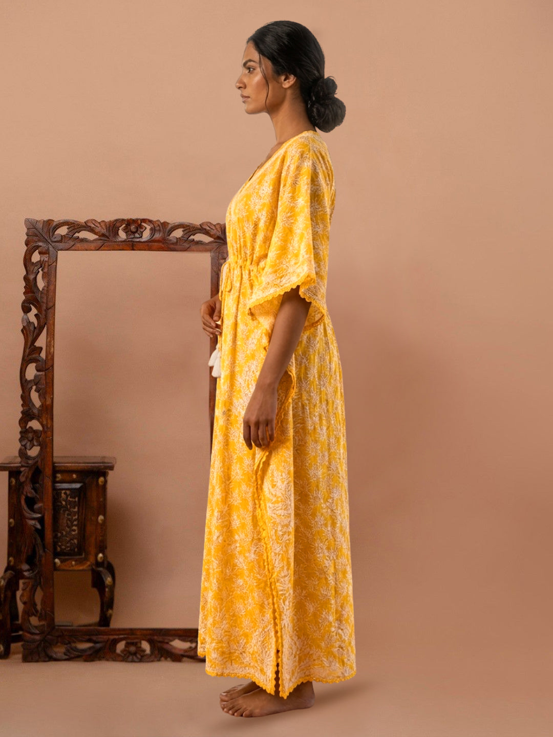 Hand Embroidered Chikankari Cotton Kaftan-AL3833 New Yellow