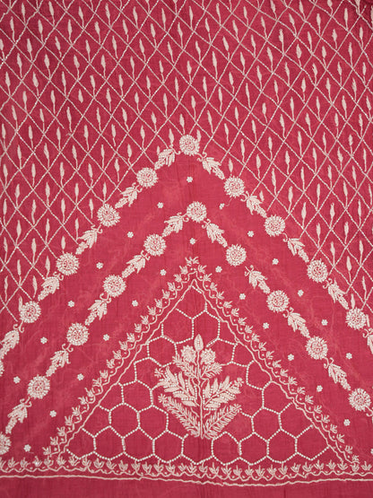 Women Hand Embroidered Premium Chikankari Mul Chanderi Unstitched Kurta Dupatta Bottom Set-ALSCA85201FS Magenta