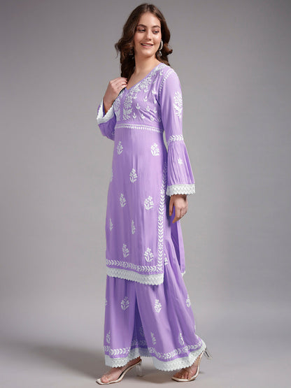 Women Hand Embroidered Lucknowi Chikankari Rayon Kurta Set-AL4077KS Lavender