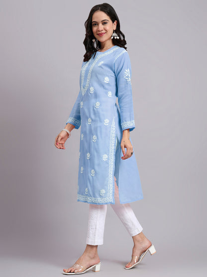 Women Hand Embroidered Chikankari Cotton Kurta-AL3999 Denim