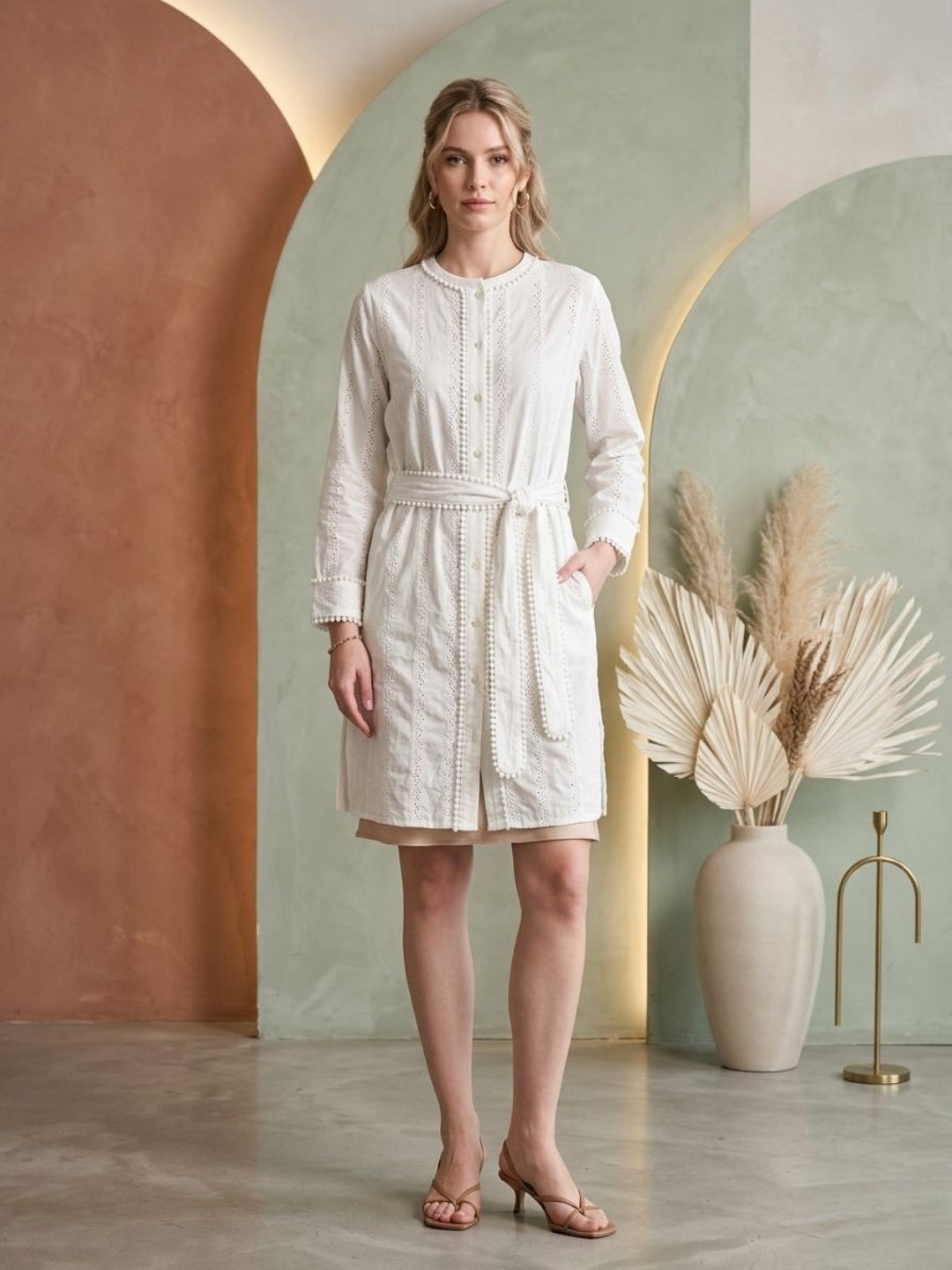 Women  With Belt Cotton Dress -AL3755