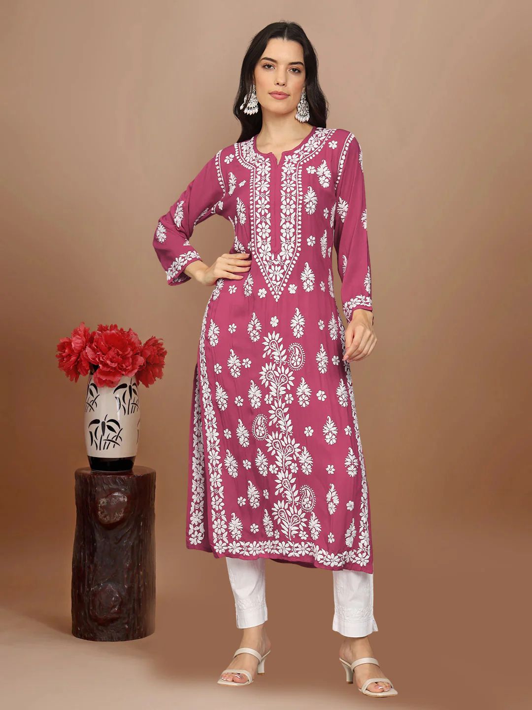 Women Chikankari Hand Embroidered Modal Kurta -AL4042 Mulberry