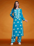 Women Hand Embroidered Chikankari Rayon Kurta Set-AL4084KS Teal