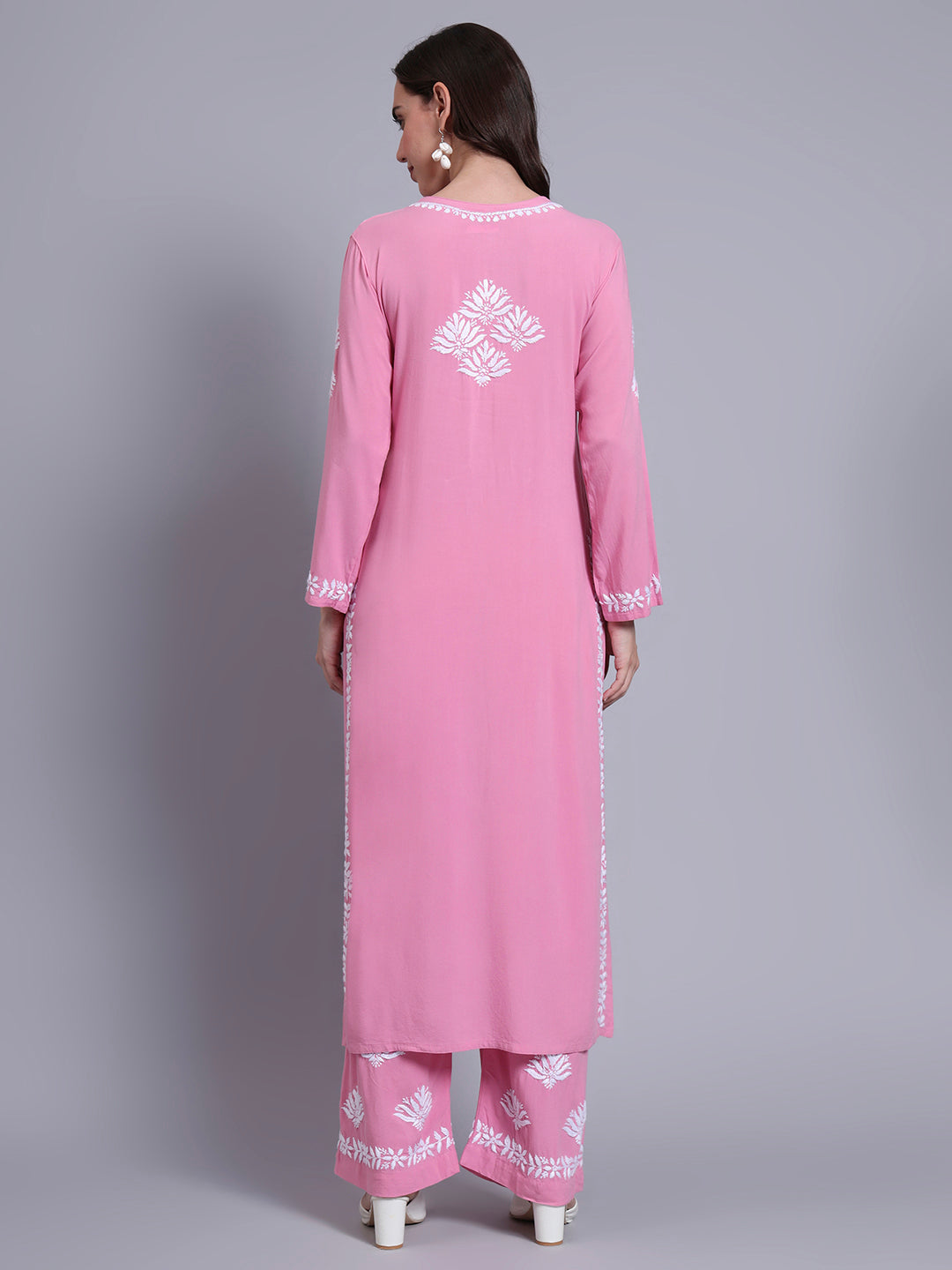Women Hand Embroidered Chikankari Rayon Kurta Set-AL4084KS Pink