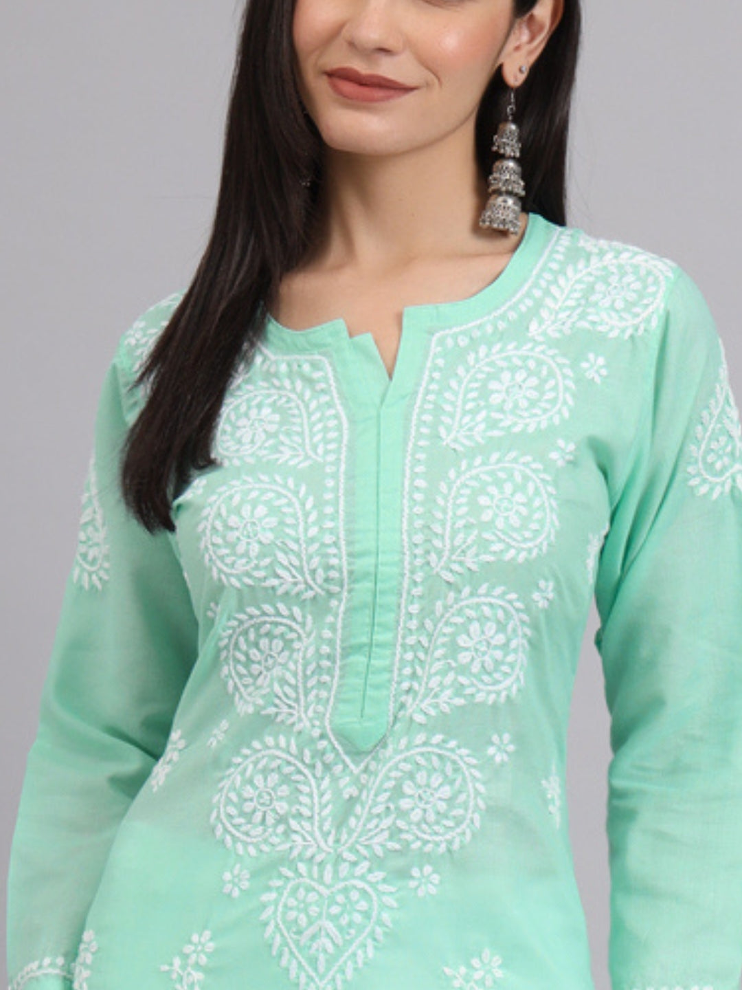 Hand Embroidered Chikankari Cotton Straight Kurta-AL3997 Sea Green