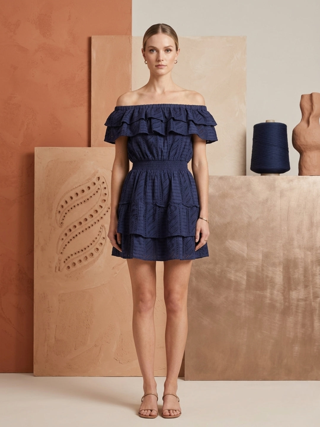 Women   Cotton Off Shoulder Midi -AL3748 Navy