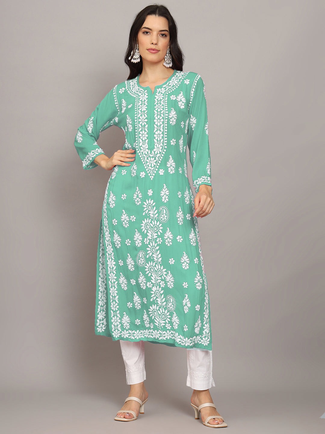 Women Hand Embroidered Chikankari Modal Kurta-AL4042 Sea Green