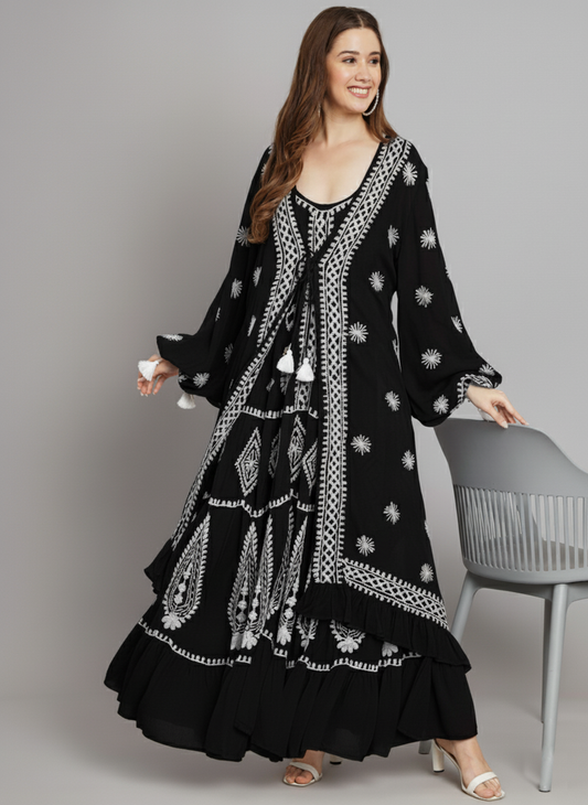 Hand Embroidered Chikankari Modal Kaftan-AL3605A Black&White