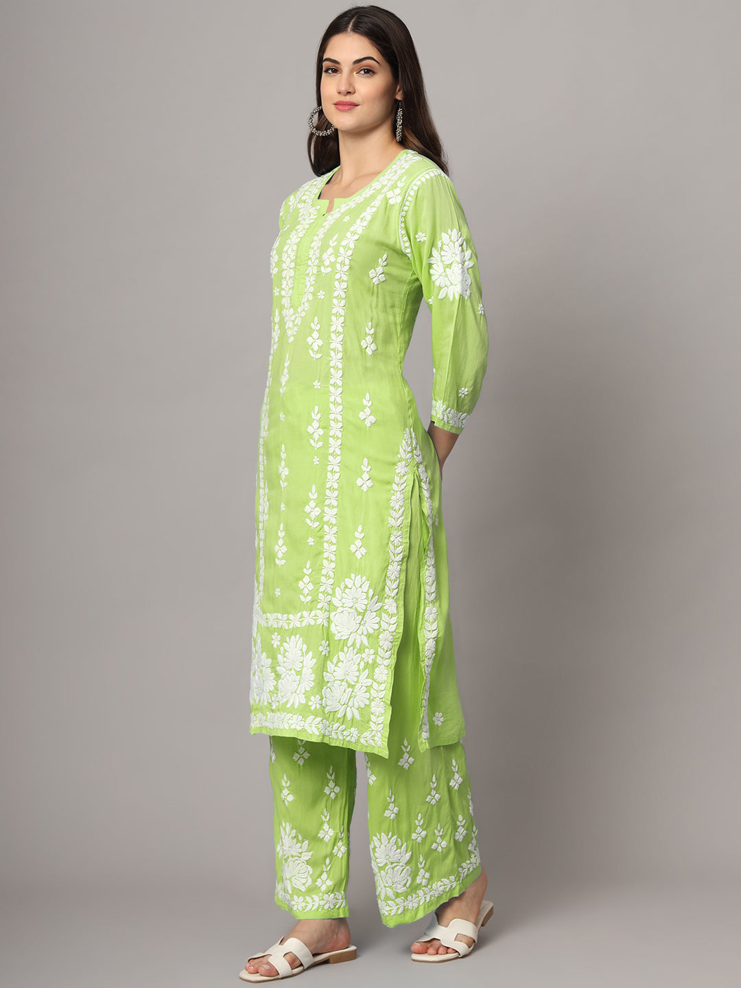 Women Hand Embroidered Chikankari Modal Kurta set-AL4049KS Green