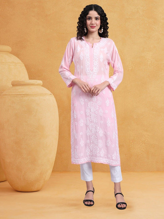 Women Hand Embroidered Chikankari Modal Kurta-AL4042 Pink