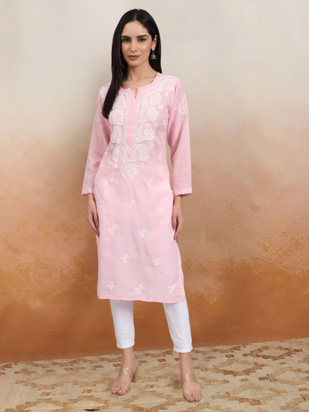Hand Embroidered Chikankari Cotton Straight Kurta-AL3997 Pink