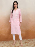 Hand Embroidered Chikankari Cotton Straight Kurta-AL3997 Pink