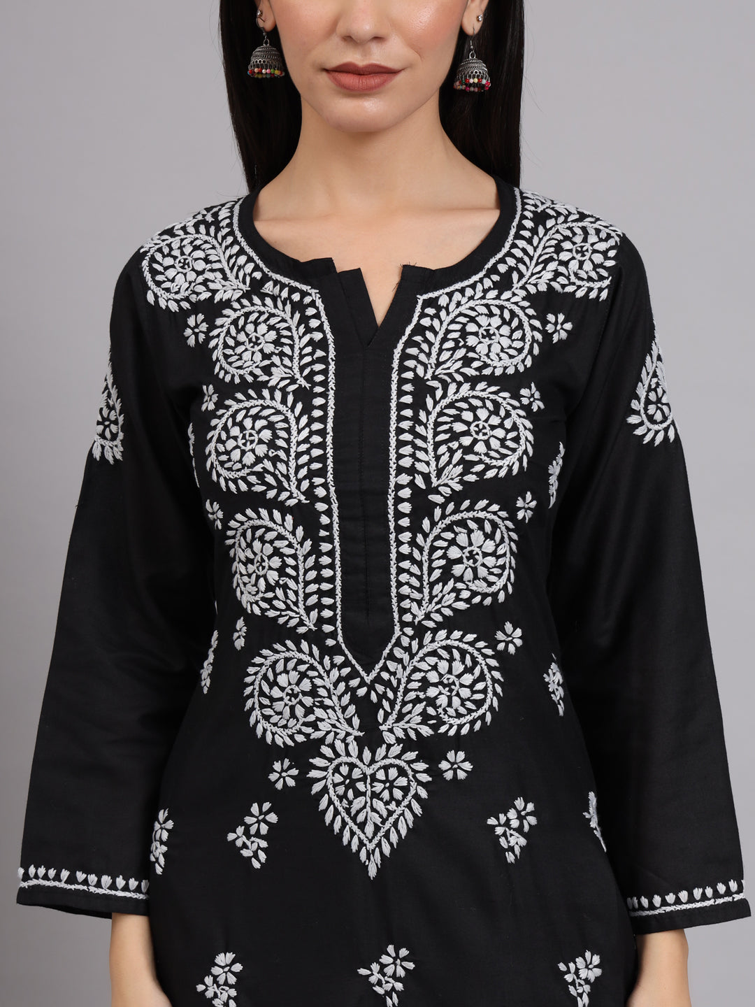 Hand Embroidered Chikankari Cotton Straight Kurta-AL3997 Black