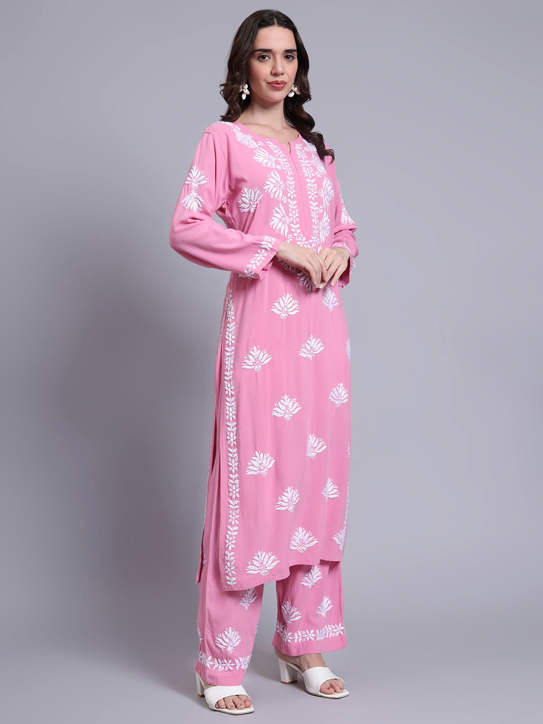 Women Hand Embroidered Chikankari Rayon Kurta Set-AL4084KS Pink