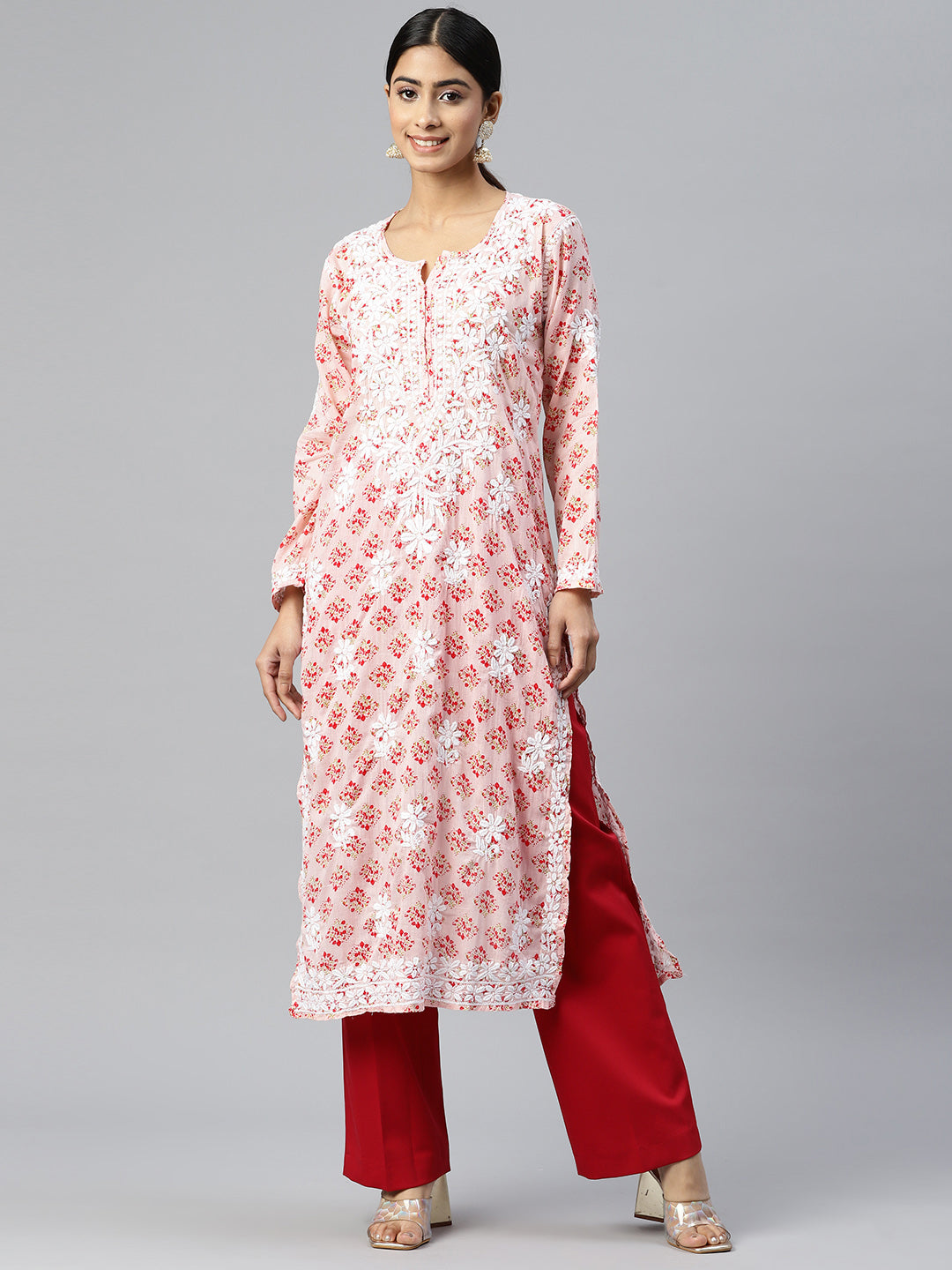 Women Hand Embroidered Chikankari Cotton Kurta-AL3649 Pink