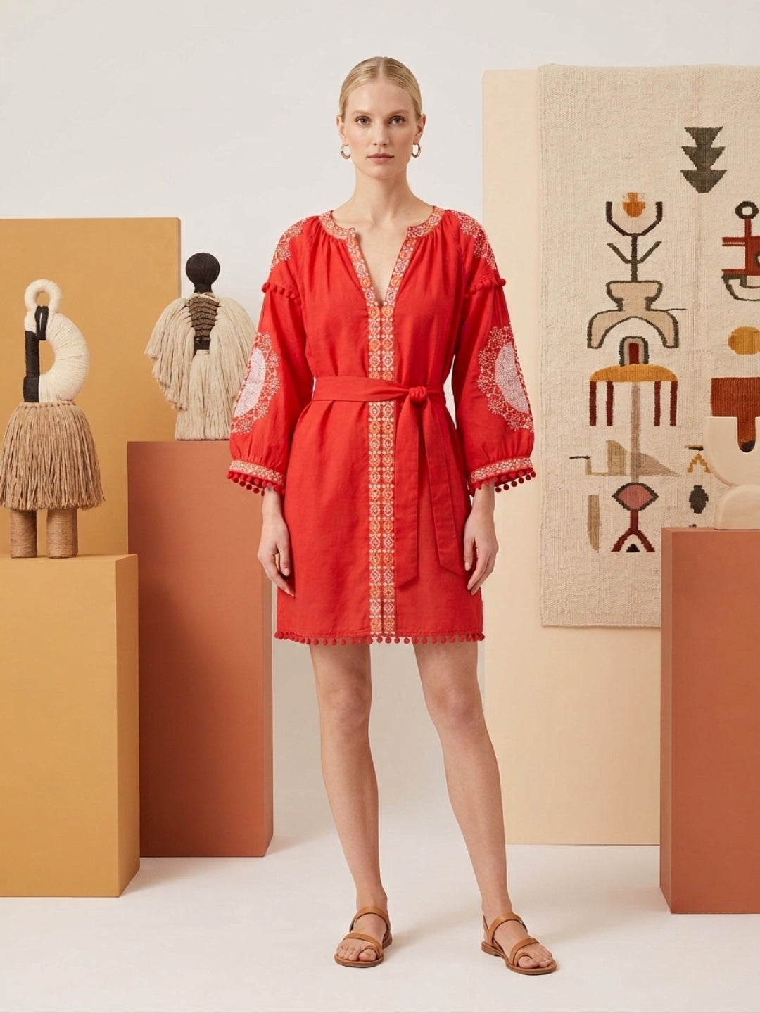 Women Embroidered With Belt Rayon Dress -AL3735