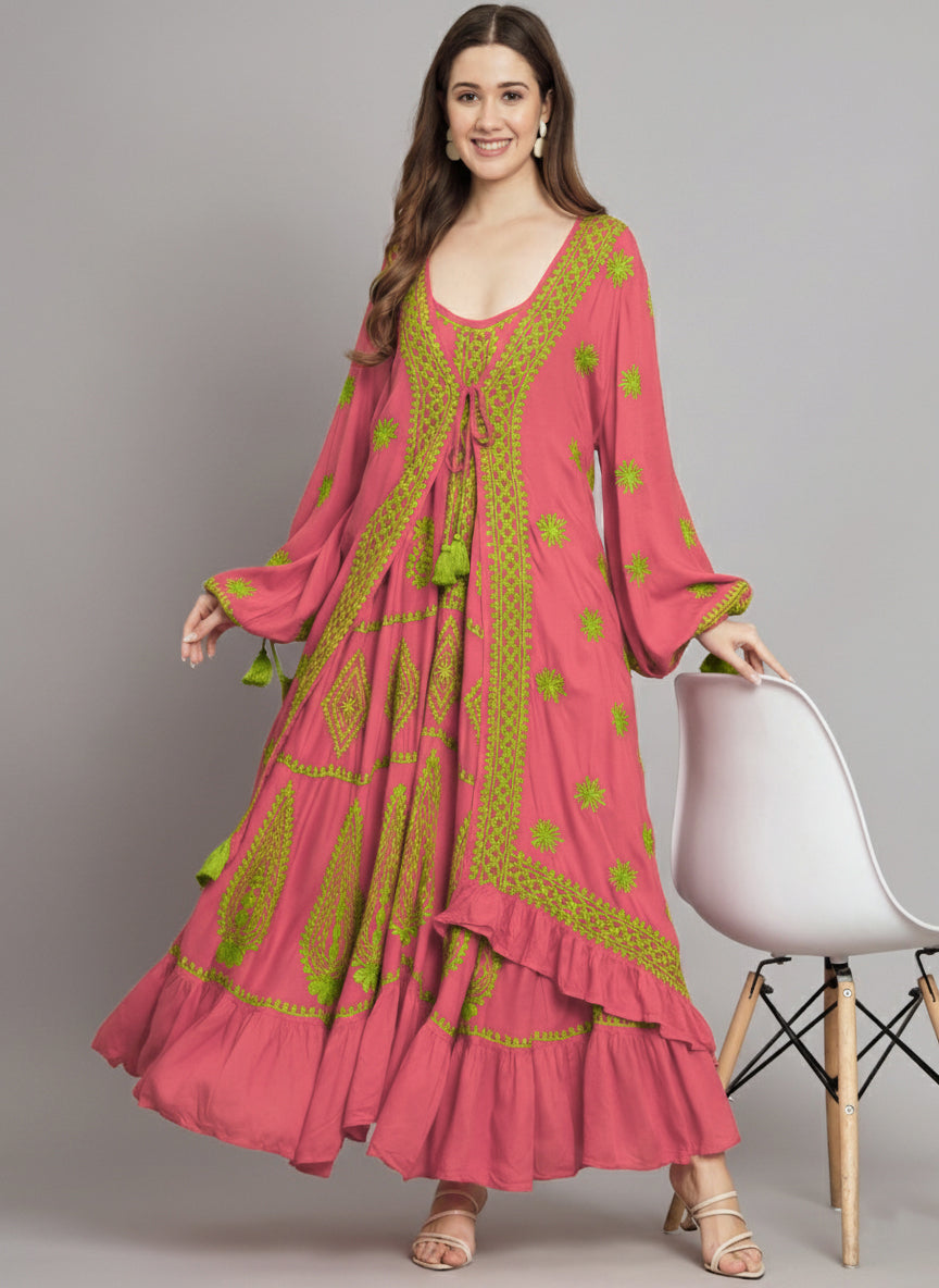Hand Embroidered Chikankari Modal Kaftan-AL3605C