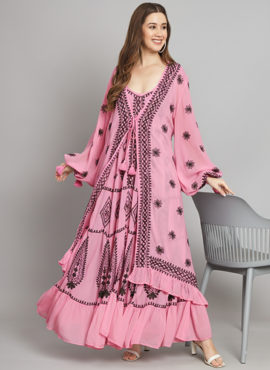 Hand Embroidered Chikankari Modal Kaftan-AL3605A Red