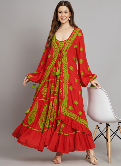 Hand Embroidered Chikankari Modal Kaftan-AL3605A Red
