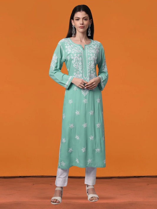 Women Hand Embroidered Chikankari Modal Kurta-AL4059 Sea Green