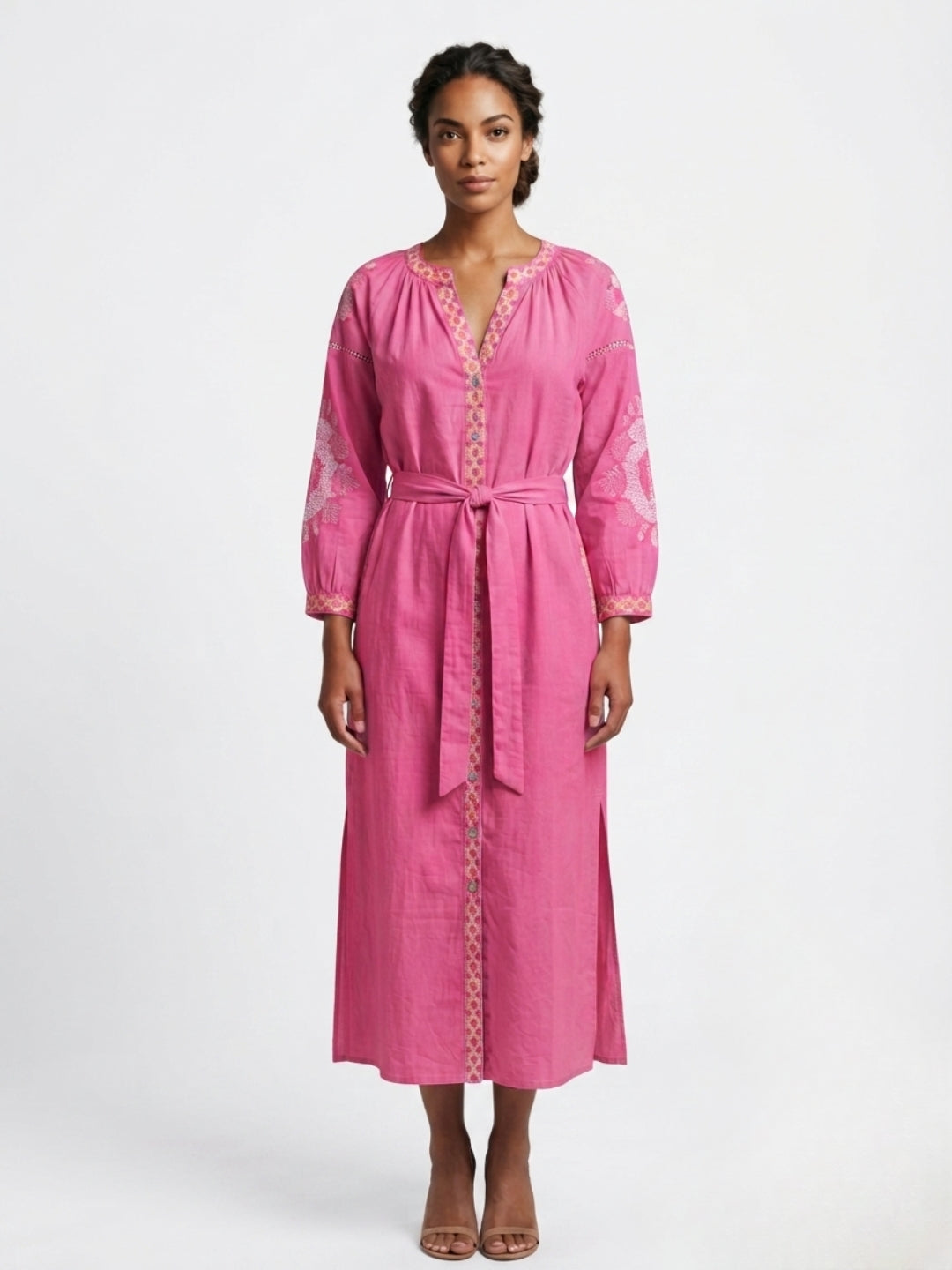 Women Embroidered With Belt Cotton Rayon Dress -AL3722