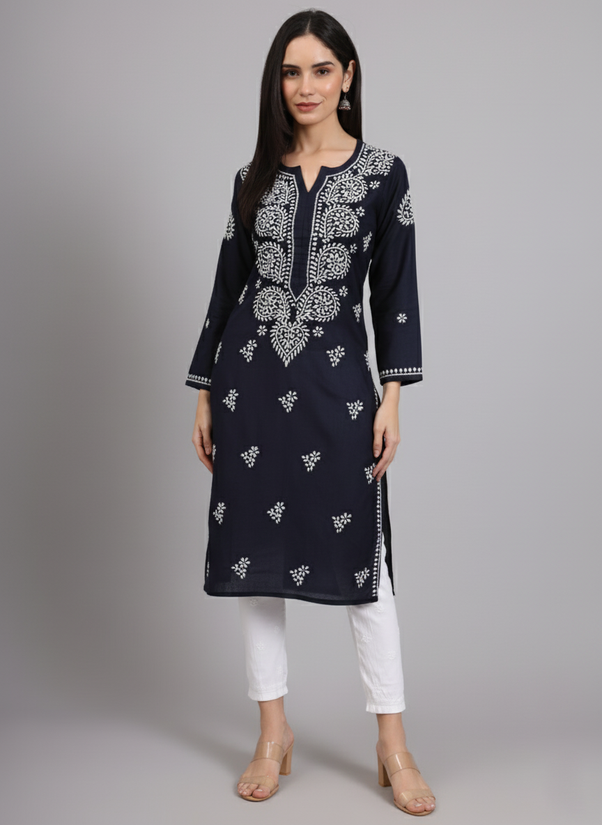 Women Chikankari Hand Embroidered Cotton Kurta -AL3997 Navy