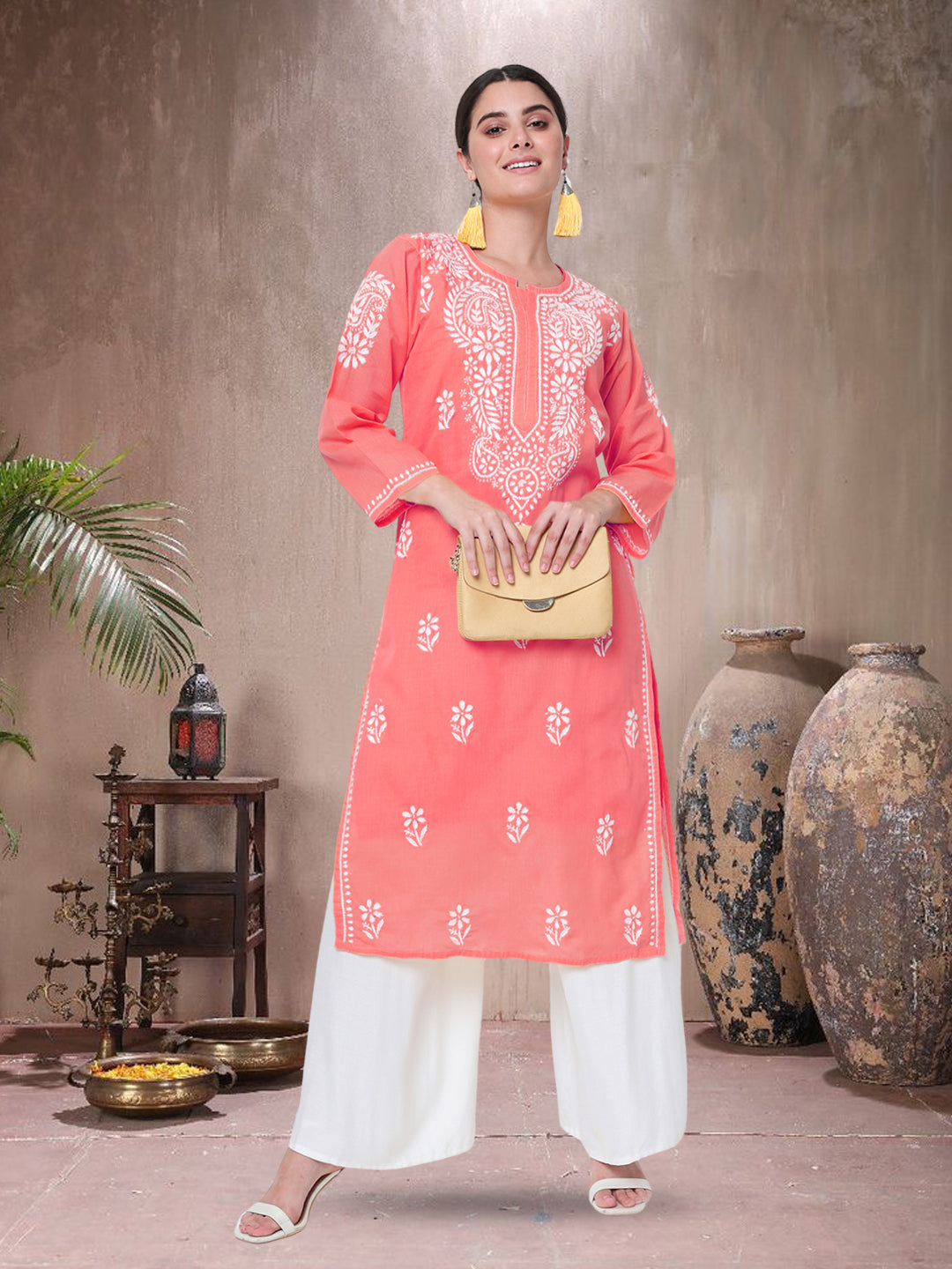 Hand Embroidered Chikankari Cotton Straight Kurta-AL3561 Coral