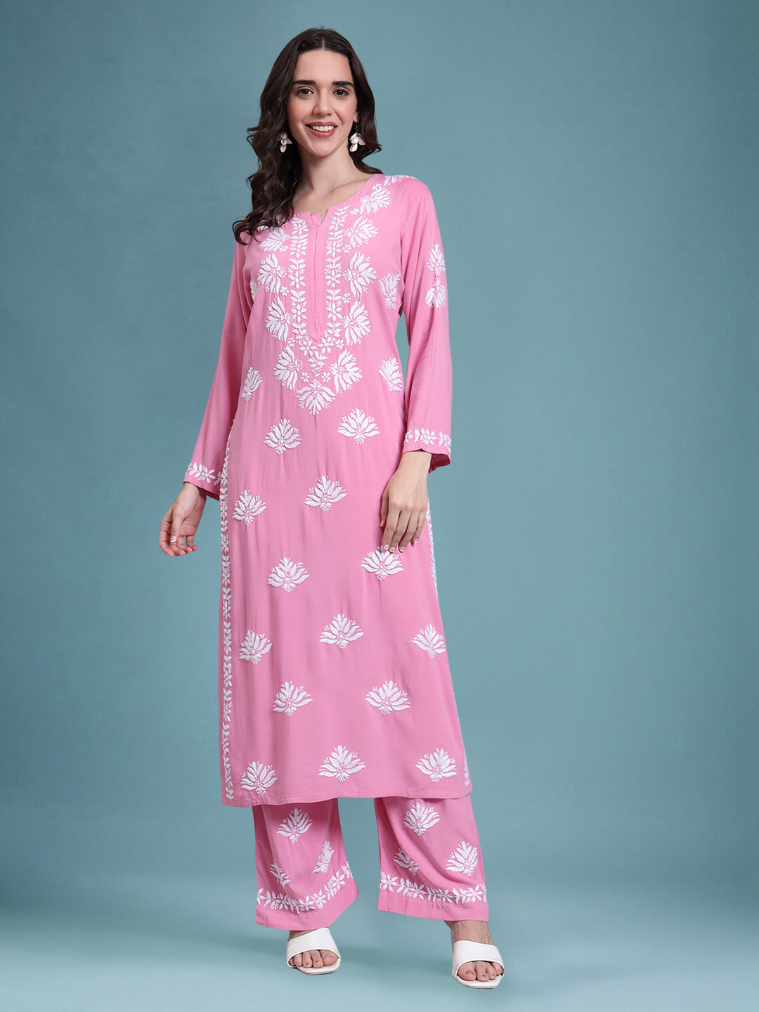 Women Hand Embroidered Chikankari Rayon Kurta Set-AL4084KS Pink