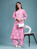 Women Hand Embroidered Chikankari Rayon Kurta Set-AL4084KS Pink