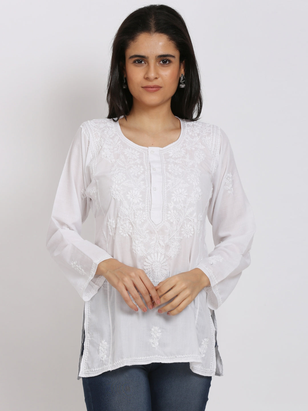 Women Hand Embroidered Chikankari Cotton Kurti-ALSTV115