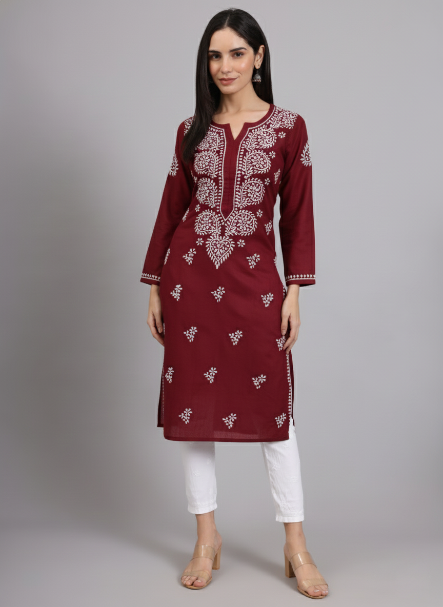Women Chikankari Hand Embroidered Cotton Kurta -AL3997 Maroon