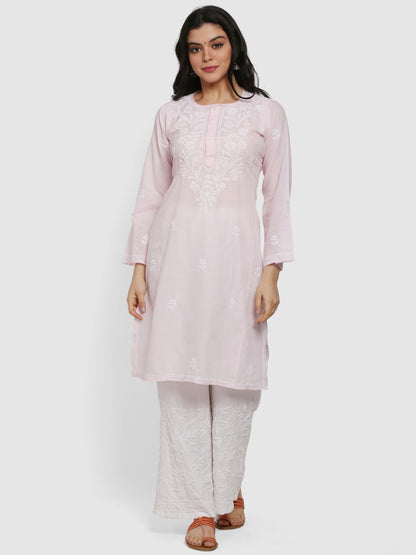 Hand Embroidered Chikankari Cotton Straight Kurta --ALNTV115 Babypink