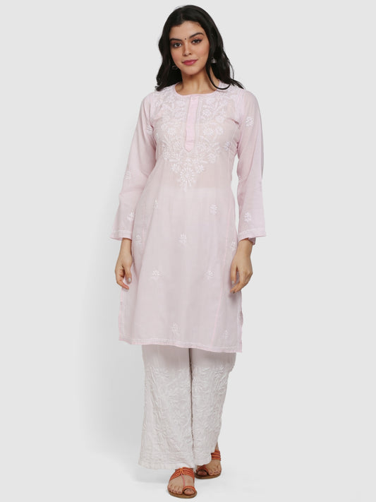 Hand Embroidered Chikankari Cotton Straight Kurta --ALNTV115 Babypink