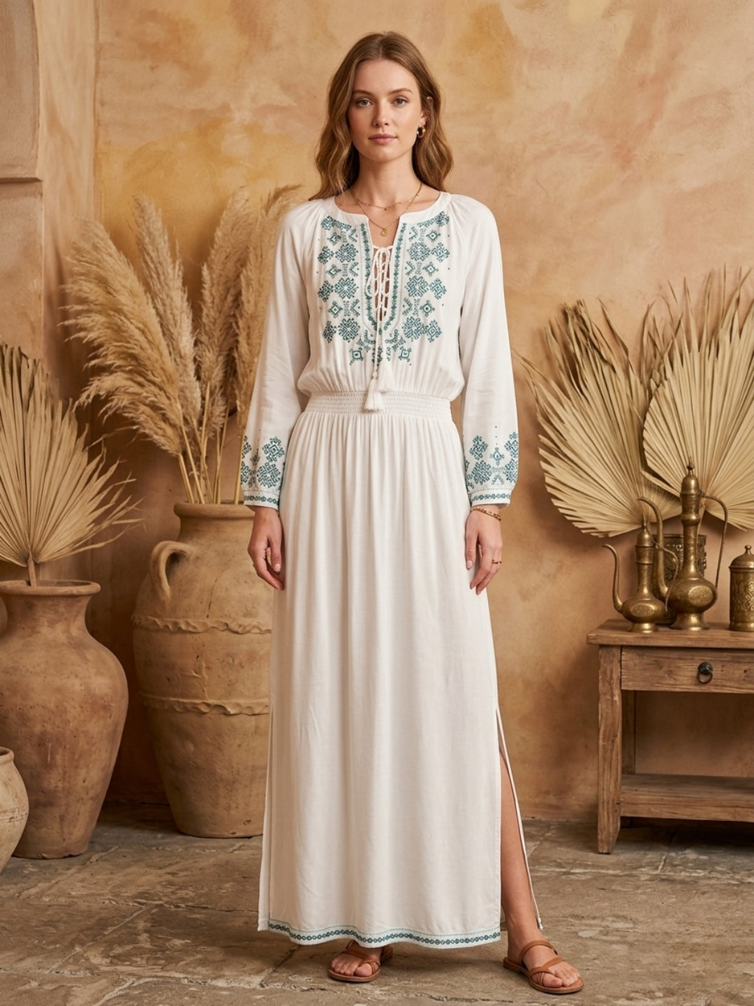 Women Embroidered Side Slit Rayon Full Dress -AL3869