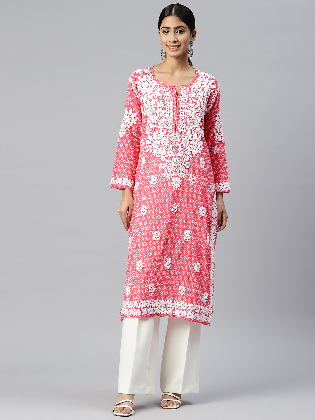 Women Hand Embroidered Lucknowi Chikankari Mulmul Cotton Kurta - AL3650