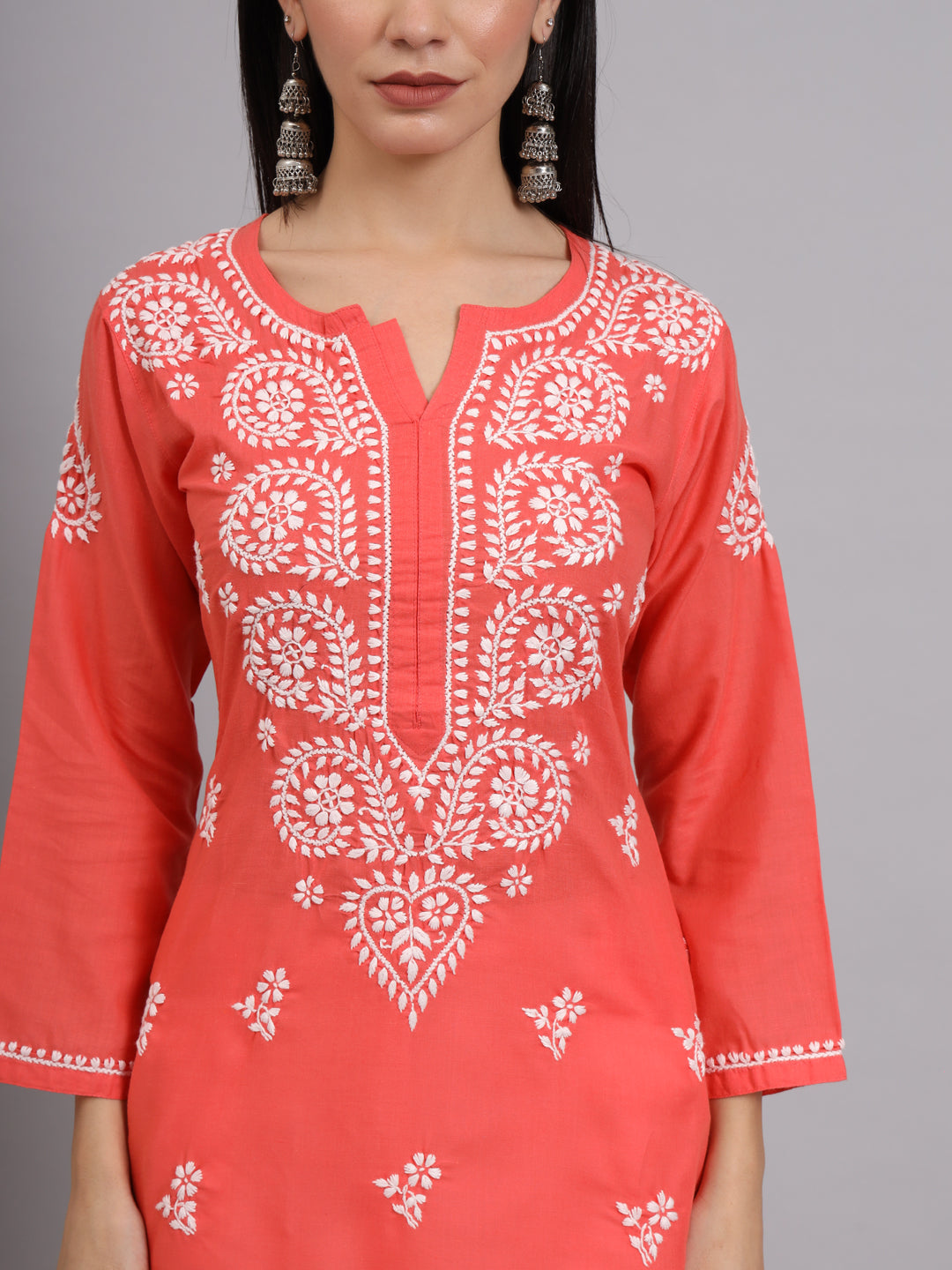 Hand Embroidered Chikankari Cotton Straight Kurta-AL3997 Coral